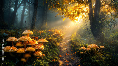 A foggy forest path covered in mushrooms, with soft morning light piercing through the mist and shining on the mushrooms. photo