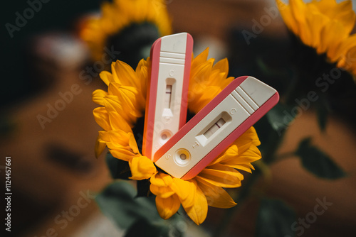 Positive pregnancy test placed on yellow sunflower. Two pregnancy tests for to double confirm being pregnant. Waiting for newborn, child. Family growth. 