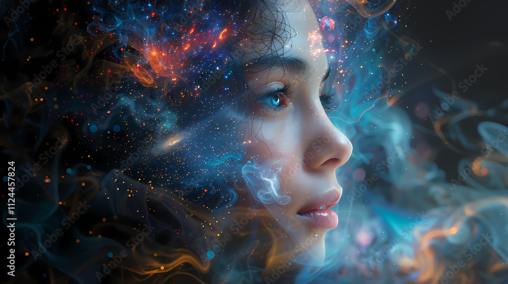 Mystical Portrait: A captivating portrait of a young woman with ethereal blue eyes, her face shrouded in swirling smoke and cosmic dust, evokes a sense of wonder, mystery, and the intangible. Mystical Portrait: A captivating portrait of a young woman with ethereal blue eyes, her face shrouded in swirling smoke and cosmic dust, evokes a sense of wonder, mystery, and the intangible.
