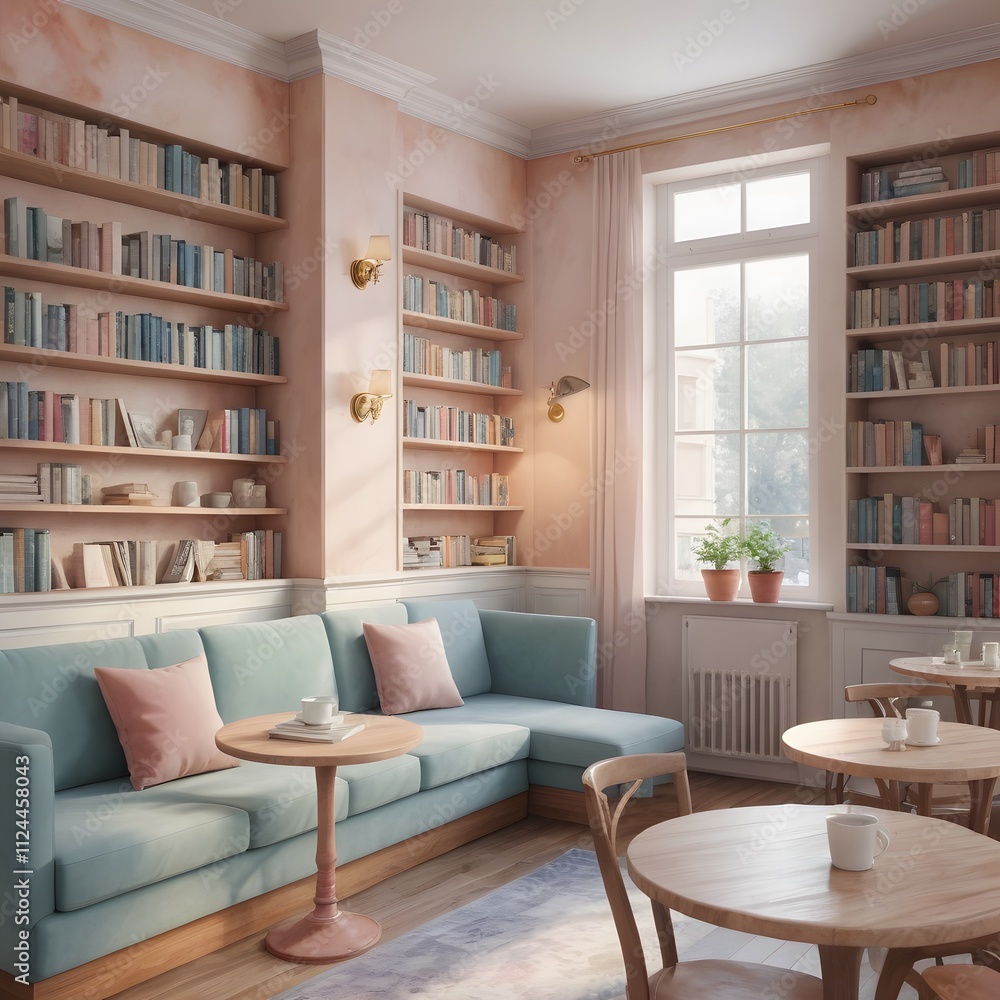 Serene pastel library with teal sofa, bookshelves, and small tables. Serene pastel library with teal sofa, bookshelves, and small tables.