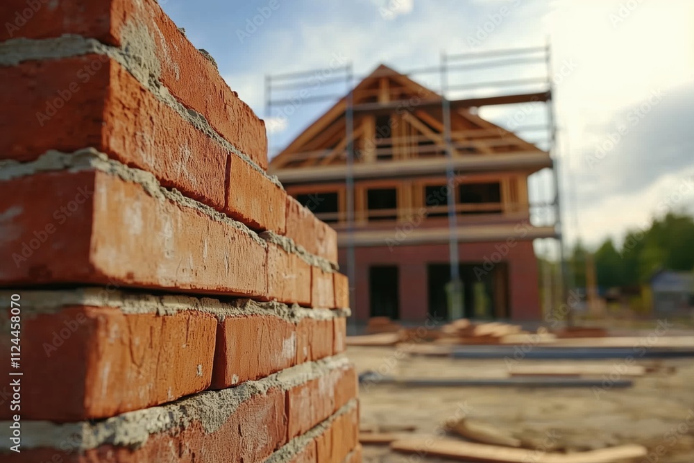 Brick wall near house construction with scaffolding. Building development concept Brick wall near house construction with scaffolding. Building development concept