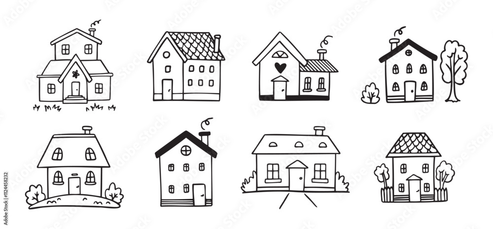 Fototapeta premium Hand drawn doodle house vector set. Cute outline houses black and white line illustration