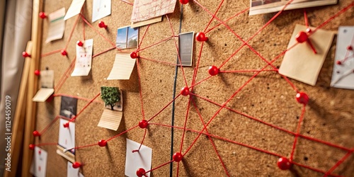Close up of detective board with map, pinned evidences, and red thread connecting clues, investigation, board, detective