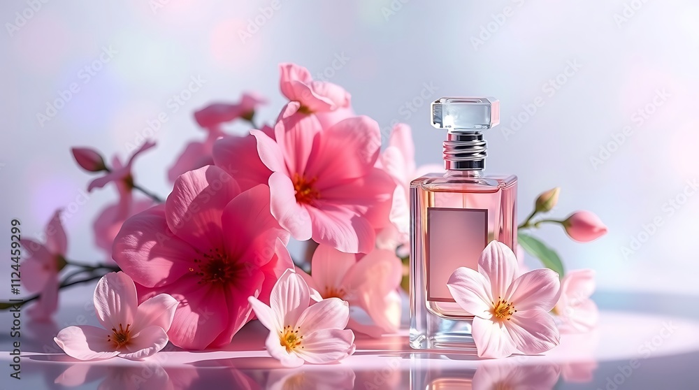 Pink Perfume with Cherry Blossoms: A delicate pink perfume bottle rests amidst a cluster of vibrant cherry blossoms, bathed in soft, ethereal light. The image evokes feelings of romance, femininity. Pink Perfume with Cherry Blossoms: A delicate pink perfume bottle rests amidst a cluster of vibrant cherry blossoms, bathed in soft, ethereal light. The image evokes feelings of romance, femininity.