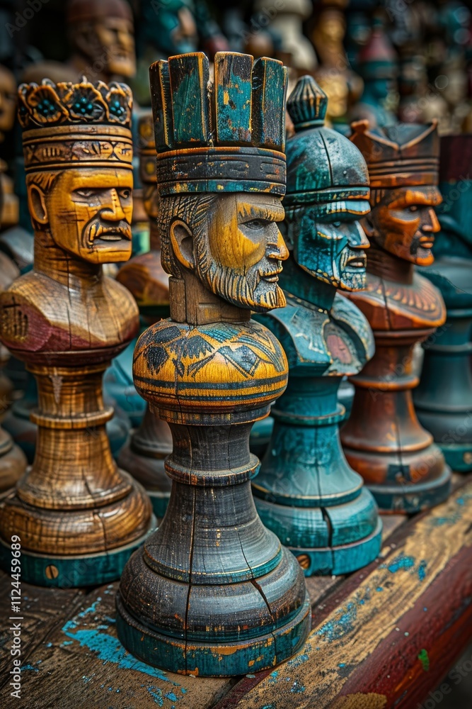 Magnifying glass positioned on table next to a collection of wooden figurines and shapes Magnifying glass positioned on table next to a collection of wooden figurines and shapes