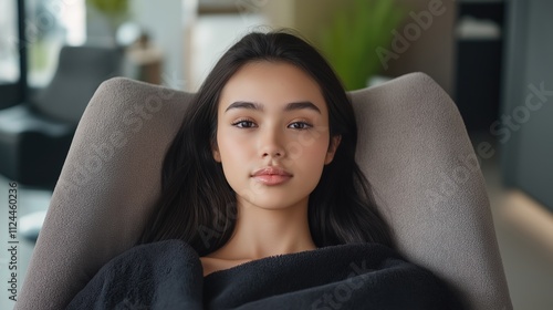 Woman in black blanket relaxing on gray chair. Spa comfort concept