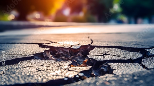 Picture of an asphalt road with deep holes, roughness, dilapidation and lack of road maintenance. photo