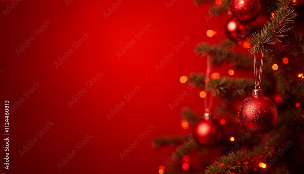 Christmas Tree In Red Shiny Glittering Background - Baubles Hanging On Fir With Abstract Lights Christmas Tree In Red Shiny Glittering Background - Baubles Hanging On Fir With Abstract Lights