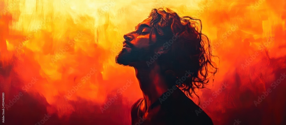 Vibrant Portrait of Jesus Christ with Long Hair and Beard in Abstract Expressionism Style Vibrant Portrait of Jesus Christ with Long Hair and Beard in Abstract Expressionism Style