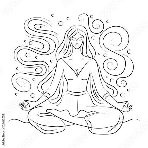 A girl does yoga in the lotus position linear drawing on a white background