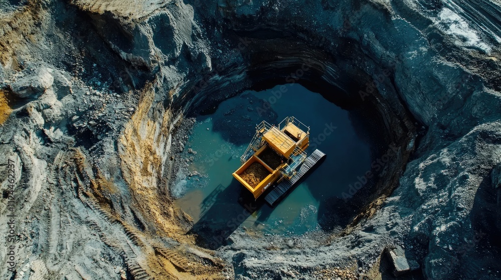 Aerial view of a yellow mining truck in a deep quarry pit filled with water. Aerial view of a yellow mining truck in a deep quarry pit filled with water.