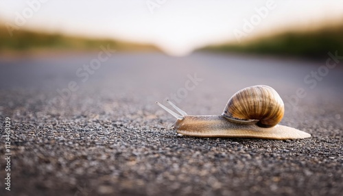 A snail moving across road, symbolizing patience, persistence, and gradual progress photo