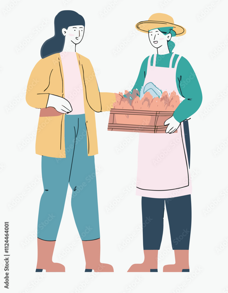 Minimalist Illustration of Farmer and Customer at Local Market, Sustainable Agriculture Concept Art Minimalist Illustration of Farmer and Customer at Local Market, Sustainable Agriculture Concept Art