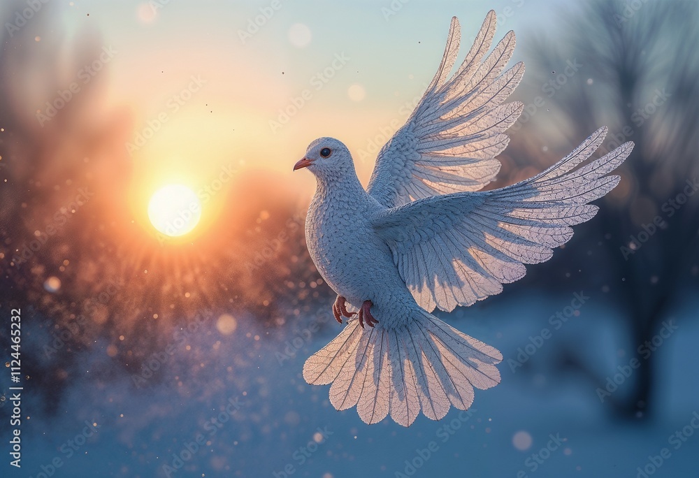 Fototapeta premium Frosty dove illustration in flight framed by icy patterns against a colorful sunset background 