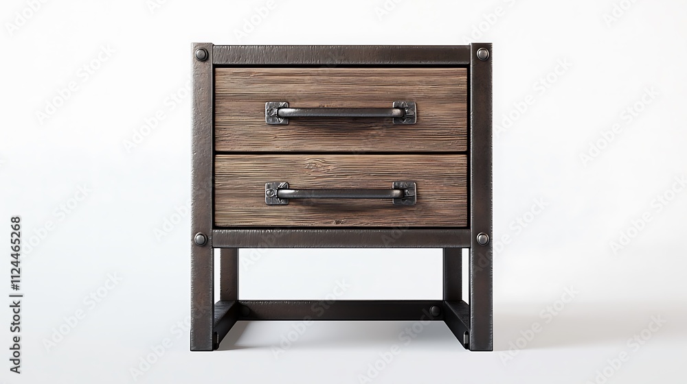 A wooden nightstand with two drawers and metal handles A wooden nightstand with two drawers and metal handles