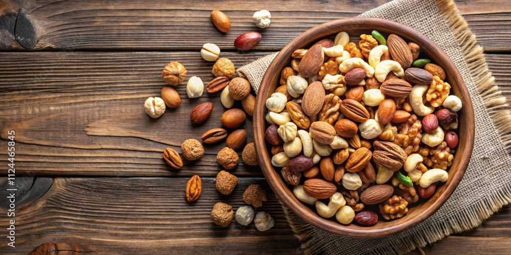 Top view of a bowl filled with a delicious assortment of mixed nuts , snack, almonds, cashews, pecans, walnuts, brazil nuts Top view of a bowl filled with a delicious assortment of mixed nuts , snack, almonds, cashews, pecans, walnuts, brazil nuts