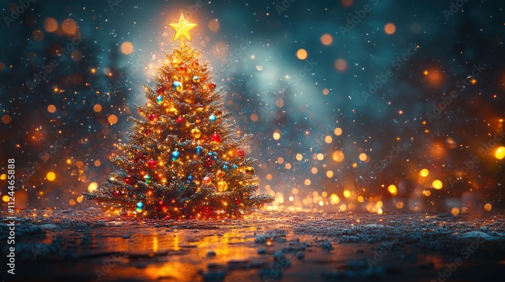 Naklejka premium Vibrant Christmas Tree with Ornaments and Fairy Lights on Dark Purple Background