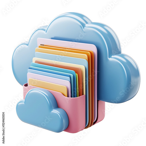 3D Cartoon-Style Icon of Cloud with Folders and Documents on Isolated White Background