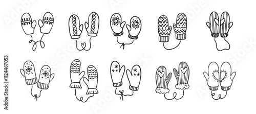 Hand drawn winter mittens. Doodle cute mittens elements black on white.