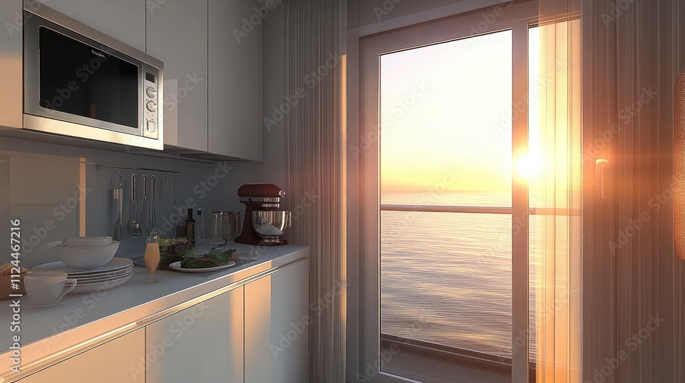 Fototapeta premium Modern Kitchen with Sunset View Over Calm Water
