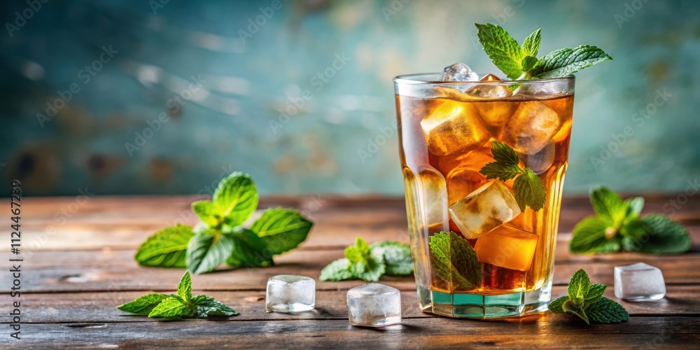Refreshing iced tea with mint leaves, ice cubes, and garnish, refreshing, iced tea, mint leaves, ice cubes, beverage, drink Refreshing iced tea with mint leaves, ice cubes, and garnish, refreshing, iced tea, mint leaves, ice cubes, beverage, drink