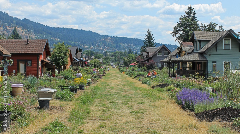 A picturesque community garden in a neighborhood, featuring diverse individuals gardening amid lush flowers and greenery, showcasing practices of sustainability and eco-friendliness. A picturesque community garden in a neighborhood, featuring diverse individuals gardening amid lush flowers and greenery, showcasing practices of sustainability and eco-friendliness.