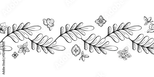 Floral lace embroidery exotic orchid rose flowers and leaves, folk ethnic traditional stylized. Hand drawn ink vector illustration. Seamless banner isolated on white. Design travel, vacation, brochure