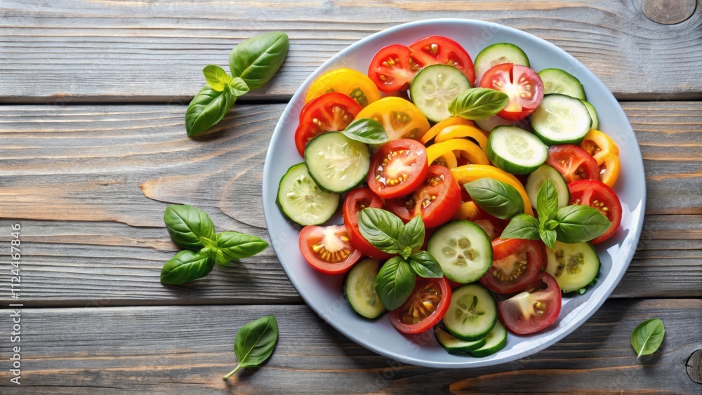 Plate of fresh vegetables including tomatoes, cucumbers, pepper, and basil, sliced and ready for a healthy meal, vegetables Plate of fresh vegetables including tomatoes, cucumbers, pepper, and basil, sliced and ready for a healthy meal, vegetables