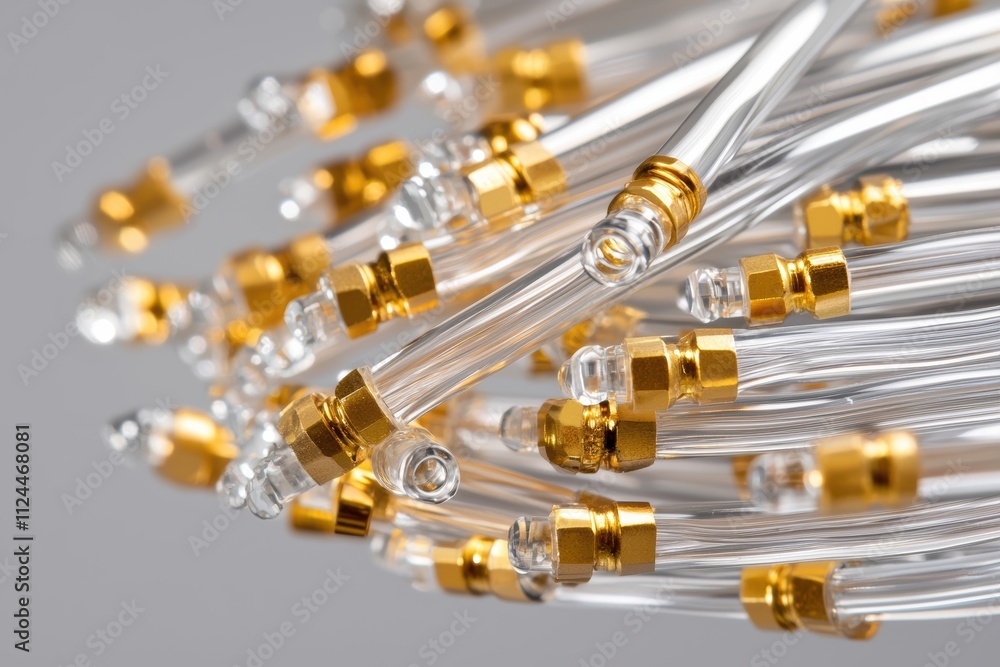 Close-Up View of Glass Tubes with Golden Connectors and Twists Close-Up View of Glass Tubes with Golden Connectors and Twists