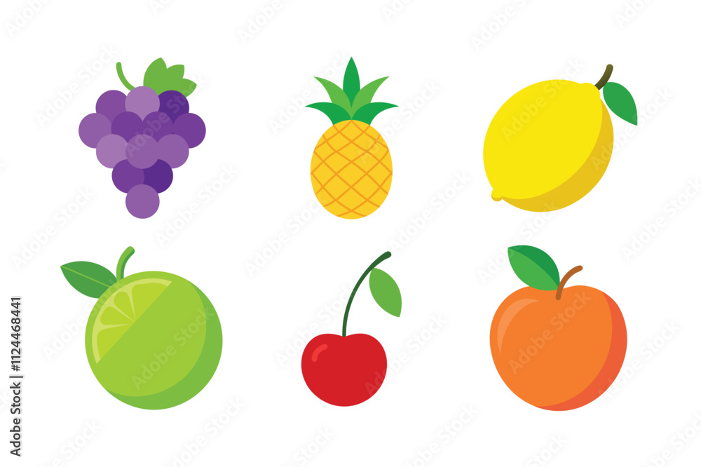 Fruits Vector Illustration Set - Grape, Pineapple, Lemon, Lime, Cherry, Peach Fruits Vector Illustration Set - Grape, Pineapple, Lemon, Lime, Cherry, Peach