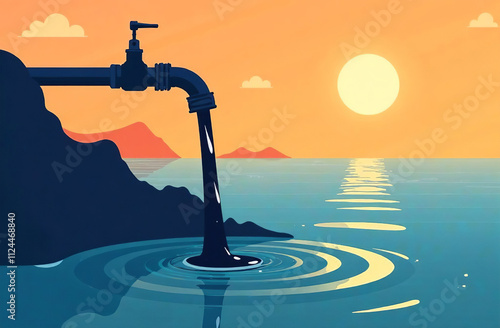 Sewage flows from pipe into ocean, polluting marine sea ecosystem. AI Generative