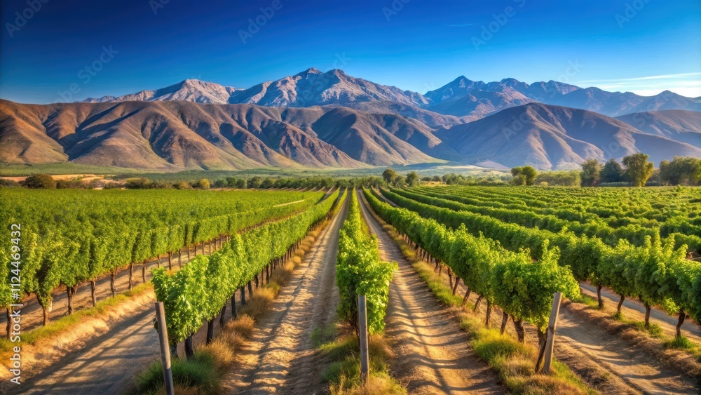 Stunning vineyard in Argentina with rows of lush grapevines against a backdrop of mountains and clear blue sky Stunning vineyard in Argentina with rows of lush grapevines against a backdrop of mountains and clear blue sky