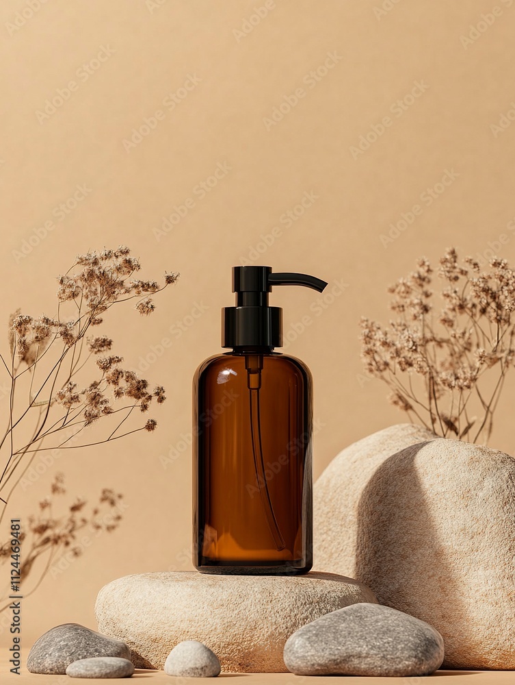 Brown glass bottle with pump of cosmetic products with stone and dried plant flowers on beige and orange paper background. Natural Organic Spa Cosmetic Beauty concept Front view Mock up. vertical. Brown glass bottle with pump of cosmetic products with stone and dried plant flowers on beige and orange paper background. Natural Organic Spa Cosmetic Beauty concept Front view Mock up. vertical.