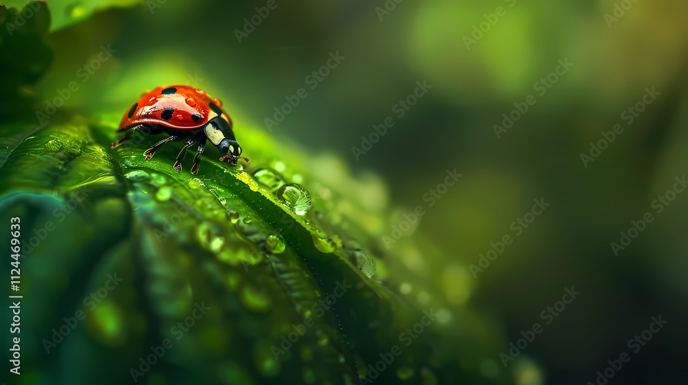 Fototapeta premium Ladybug on Dew-Kissed Leaf: A vibrant red ladybug rests on a lush green leaf, adorned with glistening dewdrops. The image evokes a sense of serenity and the beauty of nature's details. 