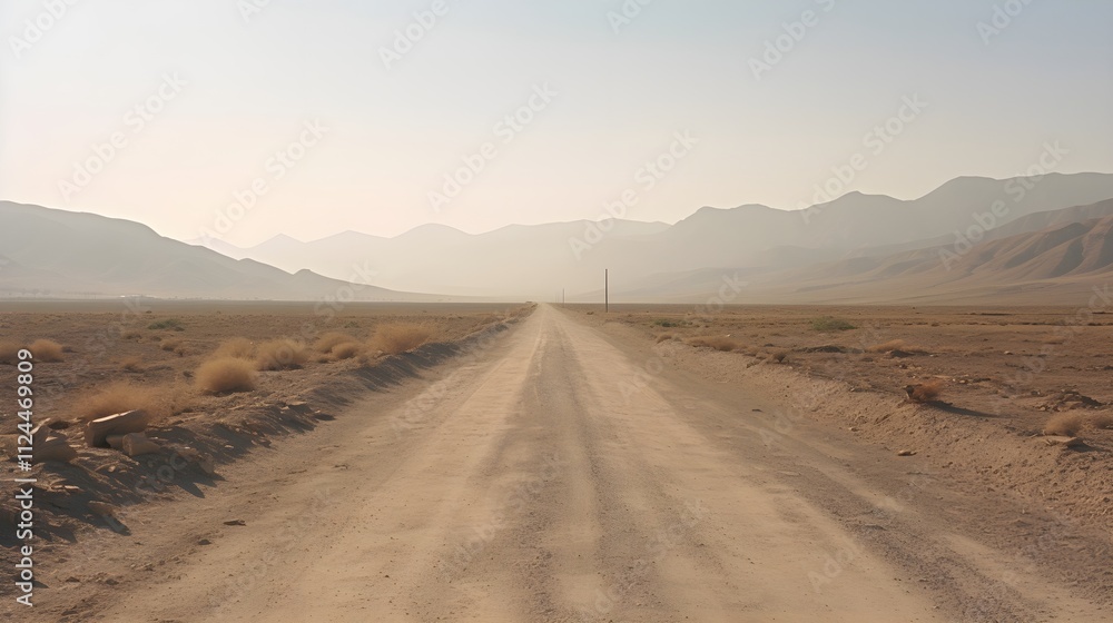 A wide, dusty desert road leads across a vast sand plain. A wide, dusty desert road leads across a vast sand plain.