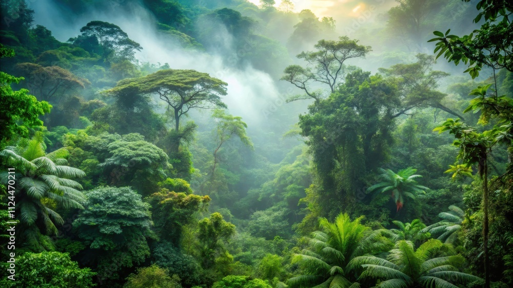 Fototapeta premium Misty forest in Central America with lush green foliage and foggy atmosphere, central america, forest, mist, fog, green