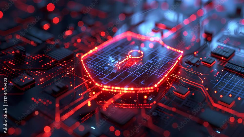 Cybersecurity: A glowing red key symbol encased within a hexagon, set against a backdrop of intricate circuit board pathways. Cybersecurity: A glowing red key symbol encased within a hexagon, set against a backdrop of intricate circuit board pathways.