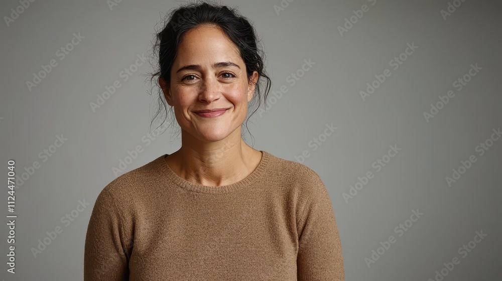 Smiling Woman with Dark Hair in Warm Sweater Against Minimalist Background Smiling Woman with Dark Hair in Warm Sweater Against Minimalist Background