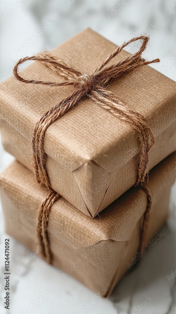 Two neatly wrapped brown gift boxes tied with twine placed on a marble surface Two neatly wrapped brown gift boxes tied with twine placed on a marble surface