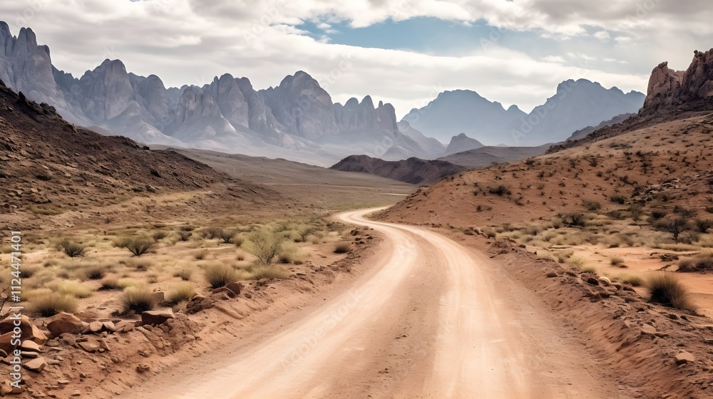 Winding desert road surrounded by golden sand dunes along with dry and rugged mountains Winding desert road surrounded by golden sand dunes along with dry and rugged mountains