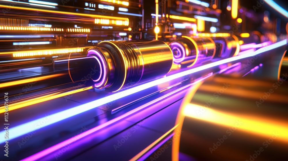 Vibrant Neon Light Trails on Industrial Background with Metallic Cylinders Vibrant Neon Light Trails on Industrial Background with Metallic Cylinders