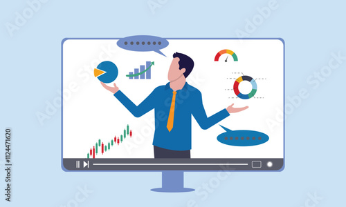 Movie or education video clip, expertise explaining business strategy online, explainer video online tutorial or training course, businessman expert explain business pie chart in video interface.