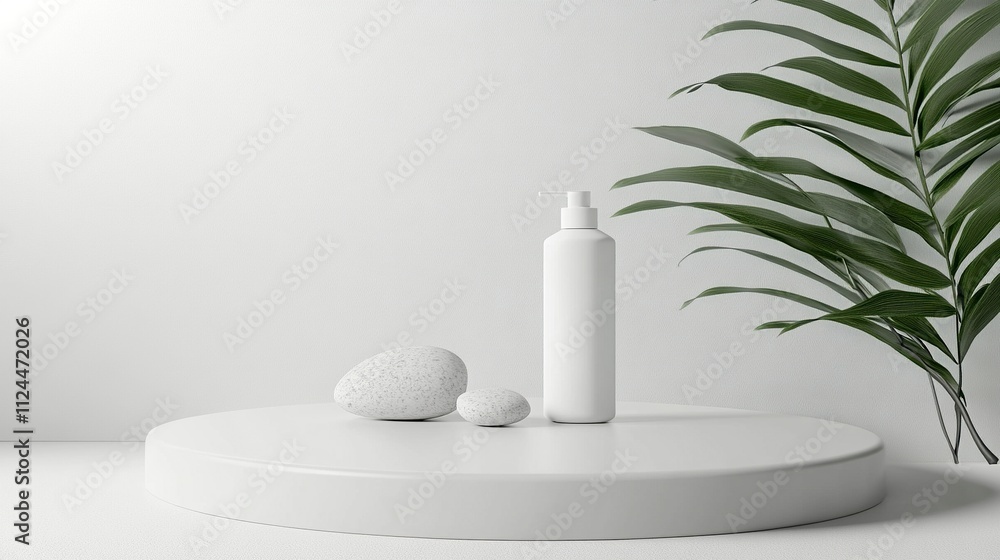 A minimalistic scene of a podium and white dispenser bottle with stones on white background. Round white catwalk for the presentation of products and cosmetics. A minimalistic scene of a podium and white dispenser bottle with stones on white background. Round white catwalk for the presentation of products and cosmetics.