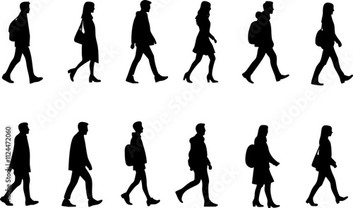 A collection of silhouetted figures walking in various poses, ideal for illustrating movement and lifestyle themes.