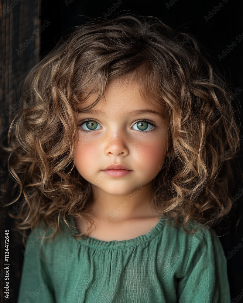 Portrait of an adorable young child with curly hair and captivating green eyes, wearing a cozy knitted sweater. Portrait of an adorable young child with curly hair and captivating green eyes, wearing a cozy knitted sweater.