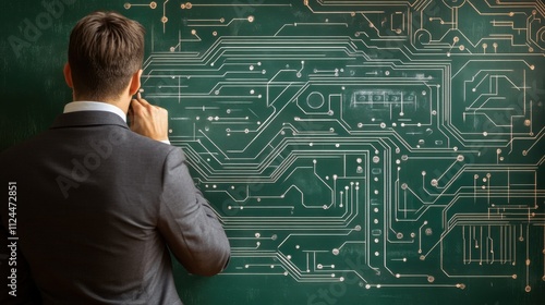 Business Innovation: Businessperson in Charcoal Gray Suit Examining Transformation Diagram on Chalkboard - Vintage Gear to Modern Digital Circuit. High-Resolution Image. photo