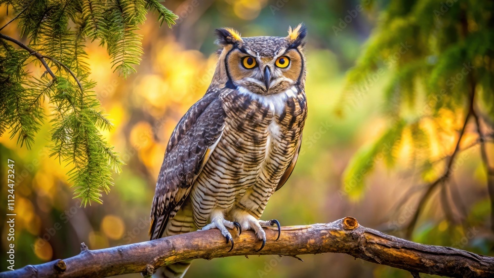 Majestic great horned owl perched on a tree branch , wildlife, bird of prey, nocturnal, feathers Majestic great horned owl perched on a tree branch , wildlife, bird of prey, nocturnal, feathers