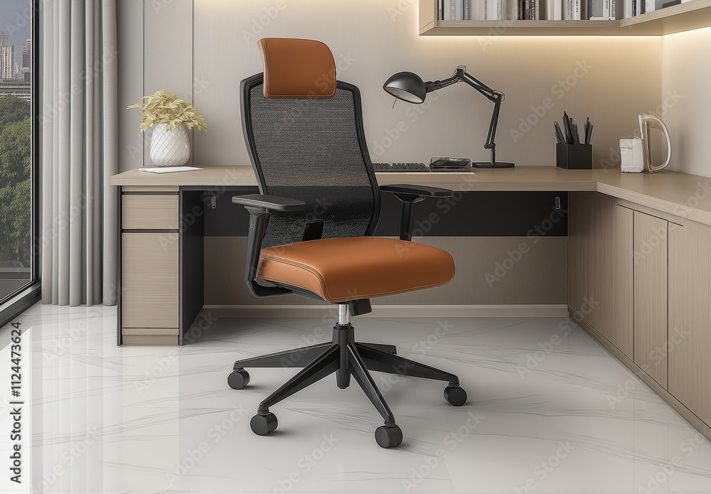 Brown leather office chair in an office cabin Brown leather office chair in an office cabin