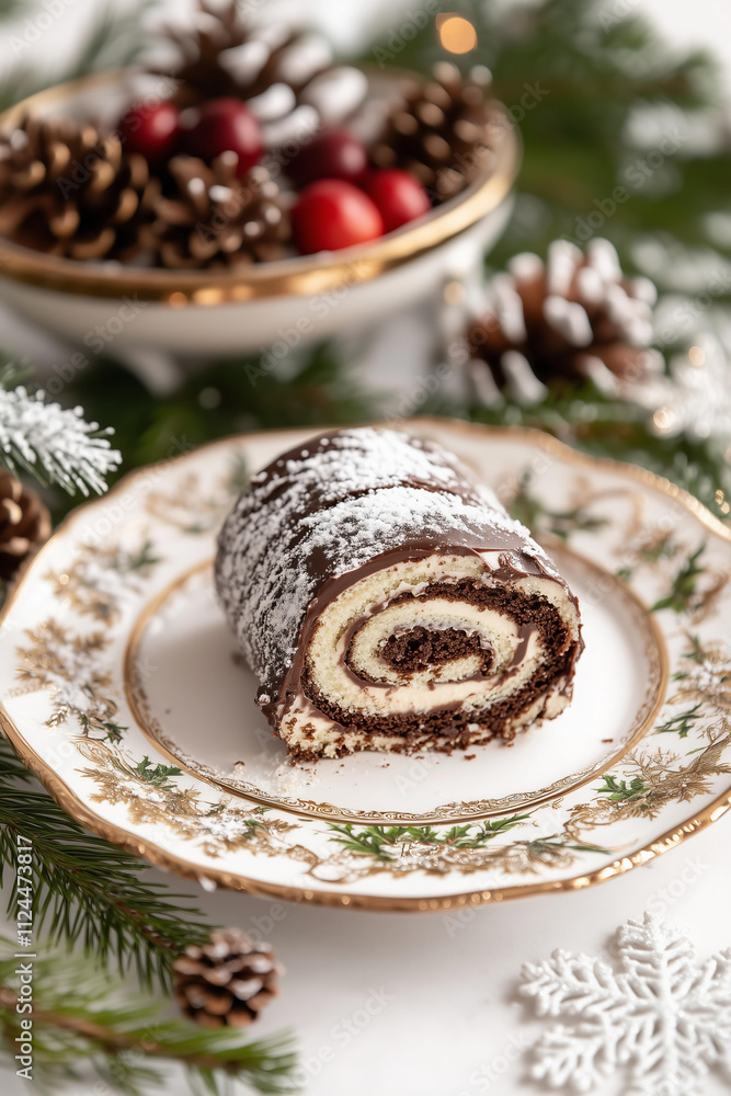 A close-up photo of Yule log cake on a vintage ceramic plat , set against a white background, with snowflakes and pine cones surrounding it. In the background, a bowl is filled with pines. A close-up photo of Yule log cake on a vintage ceramic plat , set against a white background, with snowflakes and pine cones surrounding it. In the background, a bowl is filled with pines.