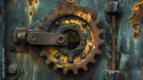 Rusty Gear: A close-up of a weathered, rusty gear on a metal surface. The gear's worn teeth and faded paint create a sense of history and industrial grit. photo